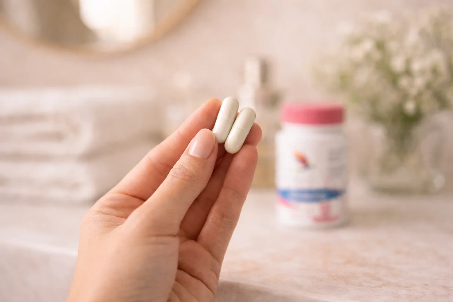 Mână ținând două capsule Her Biotic